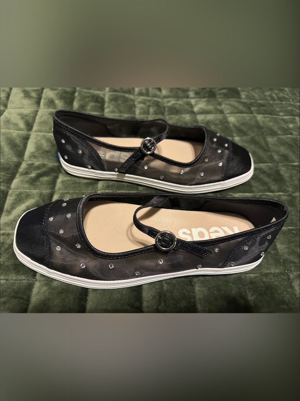 Keds Black Mary Jane Flats with Rhinestone Mesh - Picture 7 of 16